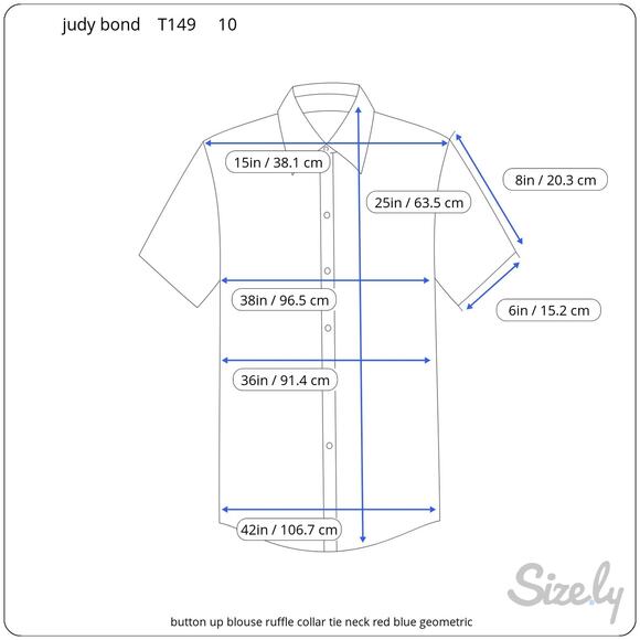 button up blouse ruffle collar tie neck red blue geometric - Picture 2 of 8